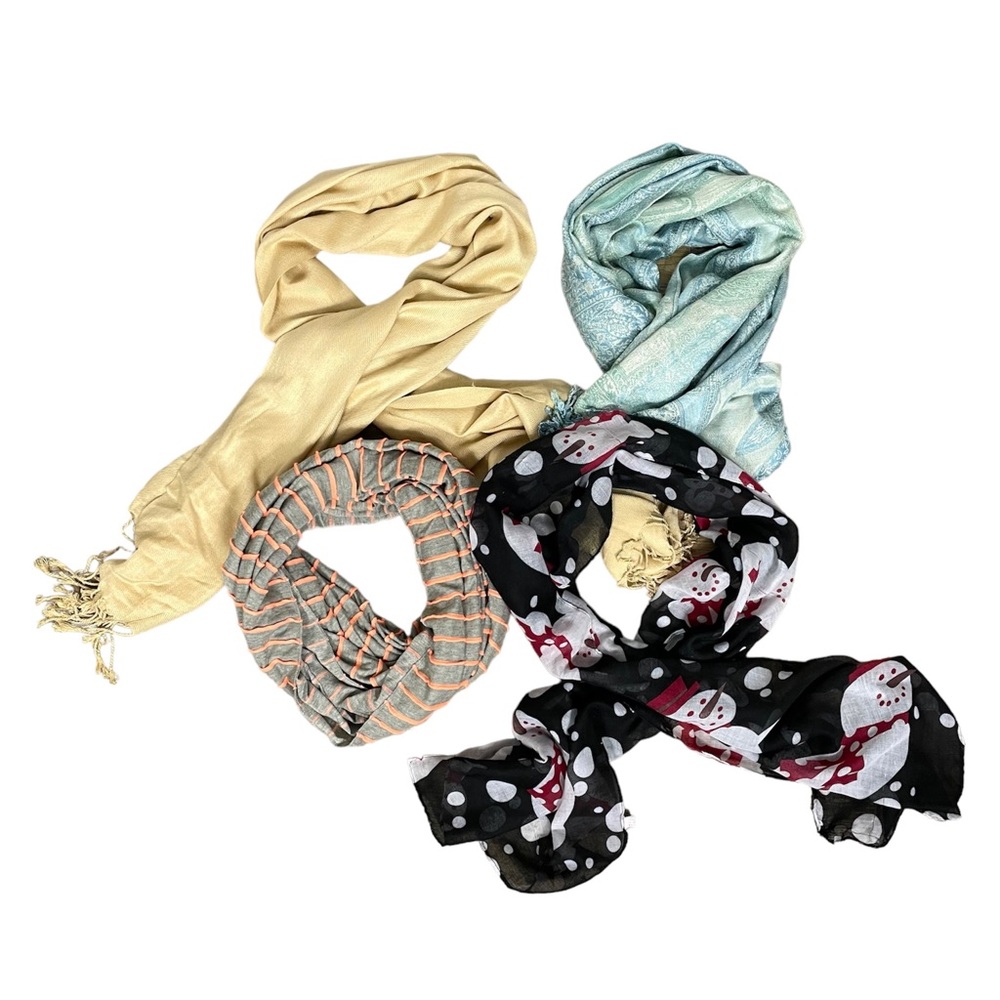 Bundle of 4 Scarves (Pashmina, Snowman Pattern, Teal Metallic Paisley, Striped)